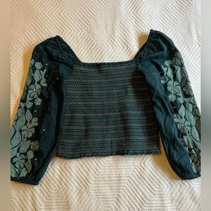 NWT - Anthropologie - Dark Teal Embroidered sleeves smocked Blouse